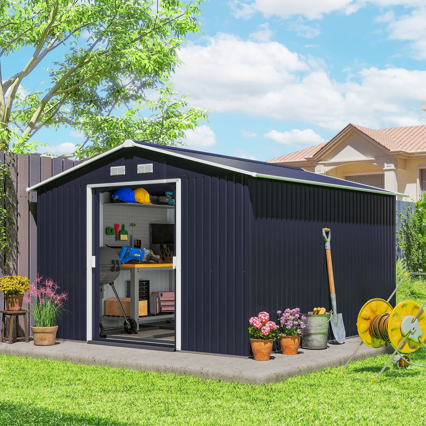 11' x 9' Metal Storage Shed, Garden Tool House, Double Sliding Doors, 4 Air Vents, Dark Grey Sheds at Gallery Canada