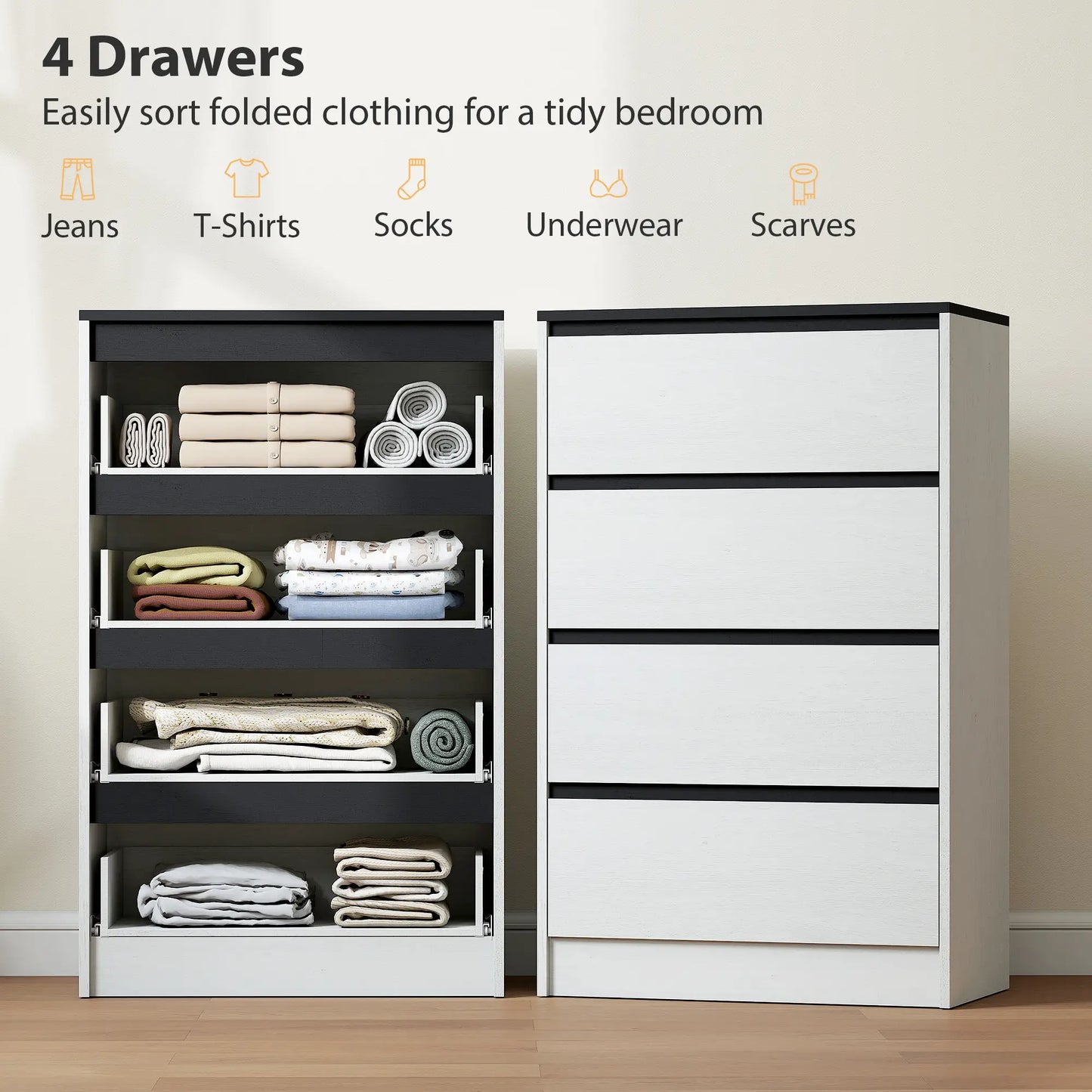 Tall Chest of Drawers, 4 Drawer Dresser, White Wood Effect, White Storage Cabinets at Gallery Canada