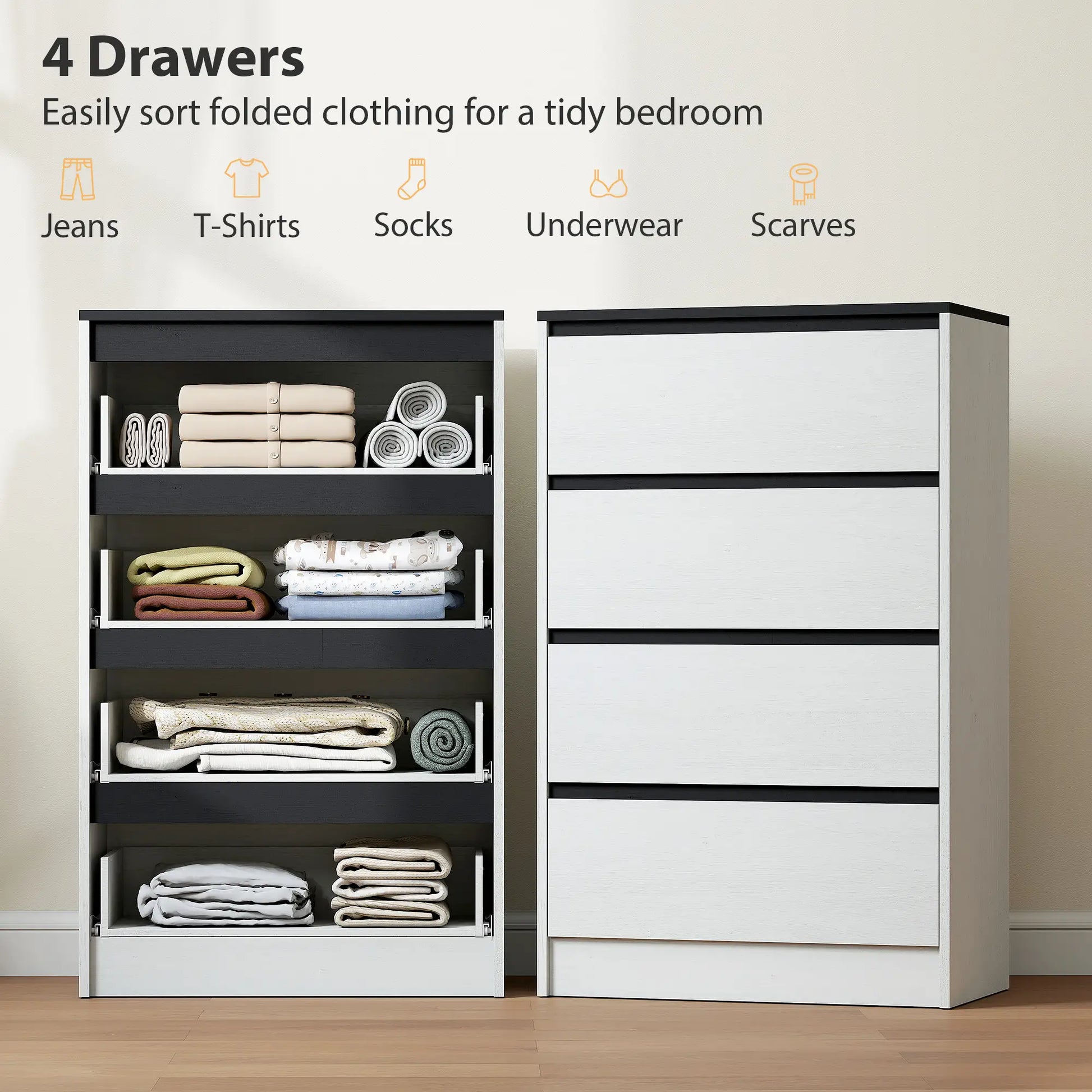 Tall Chest of Drawers, 4 Drawer Dresser, White Wood Effect, White Storage Cabinets at Gallery Canada