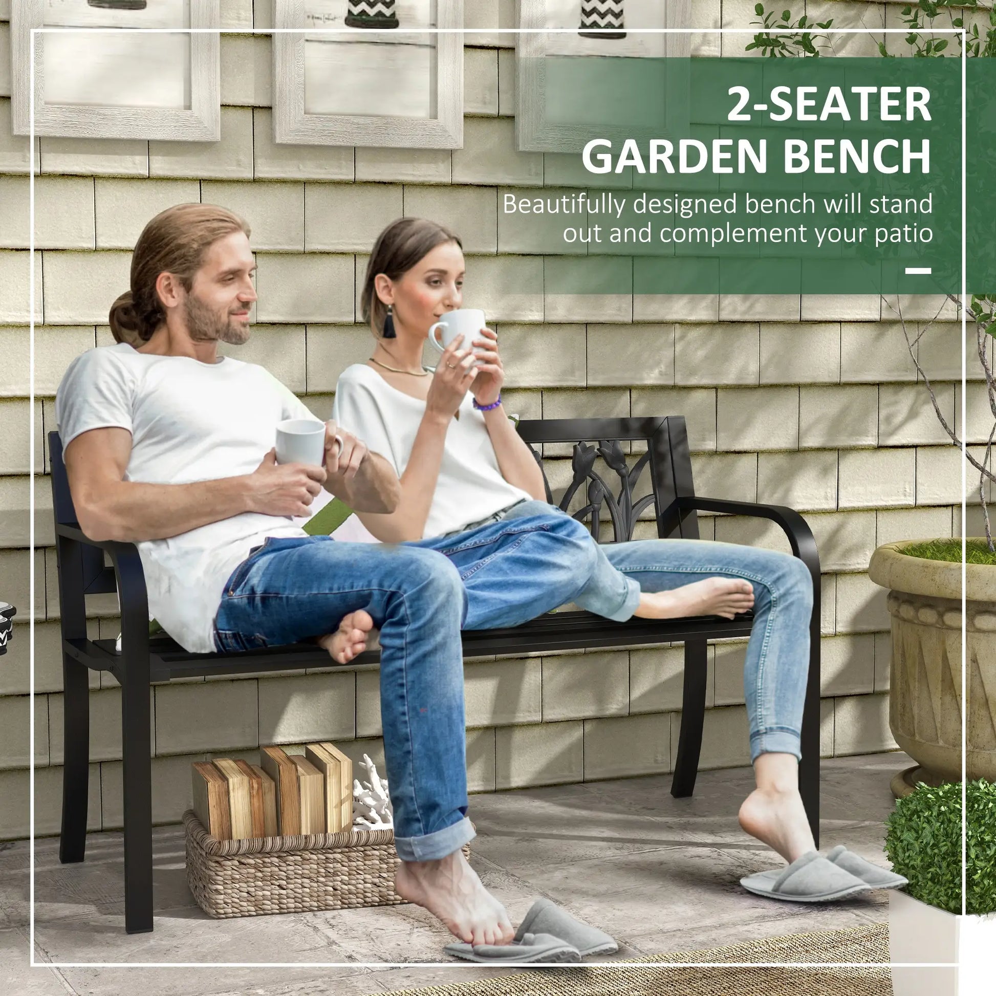 49" Metal Outdoor Bench, Curved Arms, Slatted Seat, Patio, Backyard, Lawn Outdoor Benches at Gallery Canada
