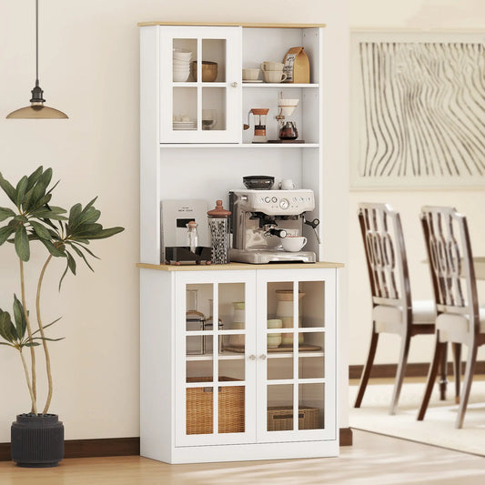 Kitchen Buffet with Hutch, 3 Cabinets, 2 Shelves, White Kitchen Pantry Cabinets White and Oak at Gallery Canada
