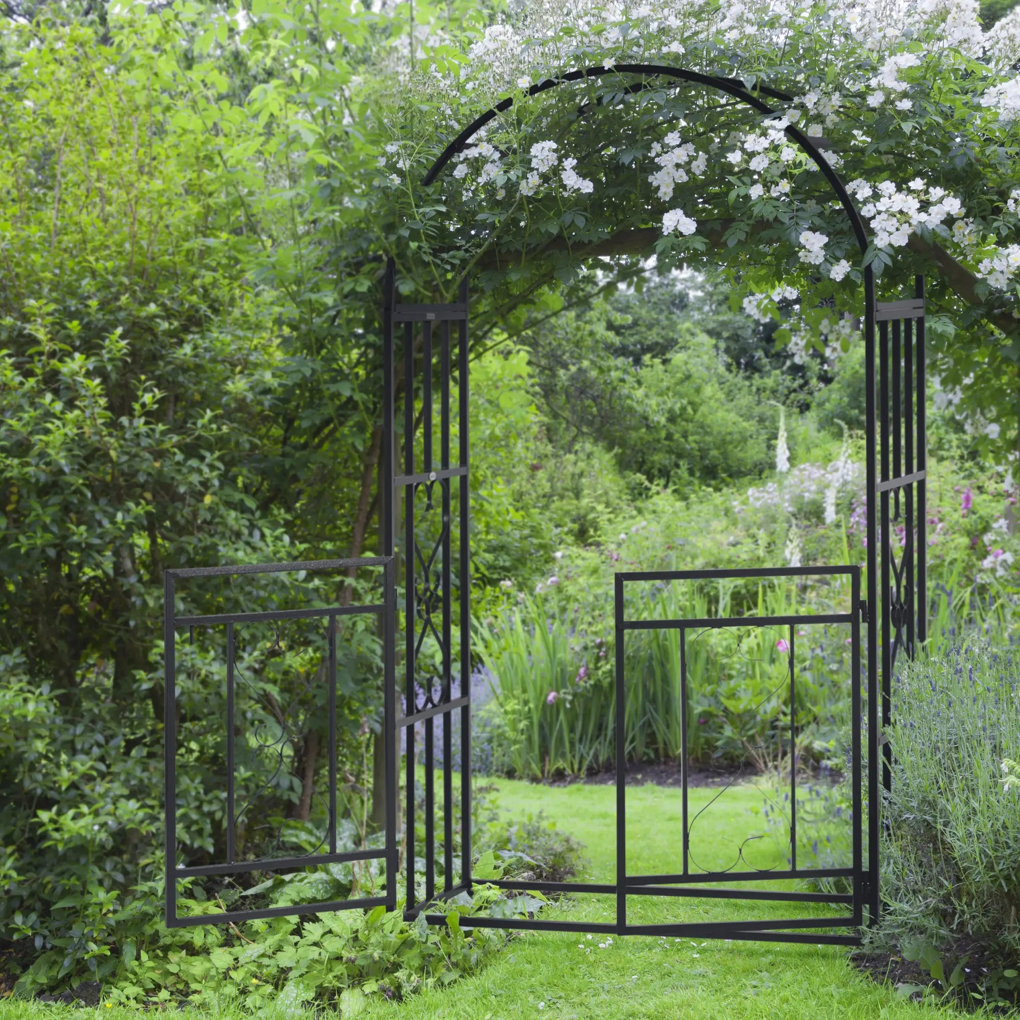 6.7 FT Steel Garden Arch with Gate, Outdoor Arbor for Vines, Dark Grey Garden Arches at Gallery Canada