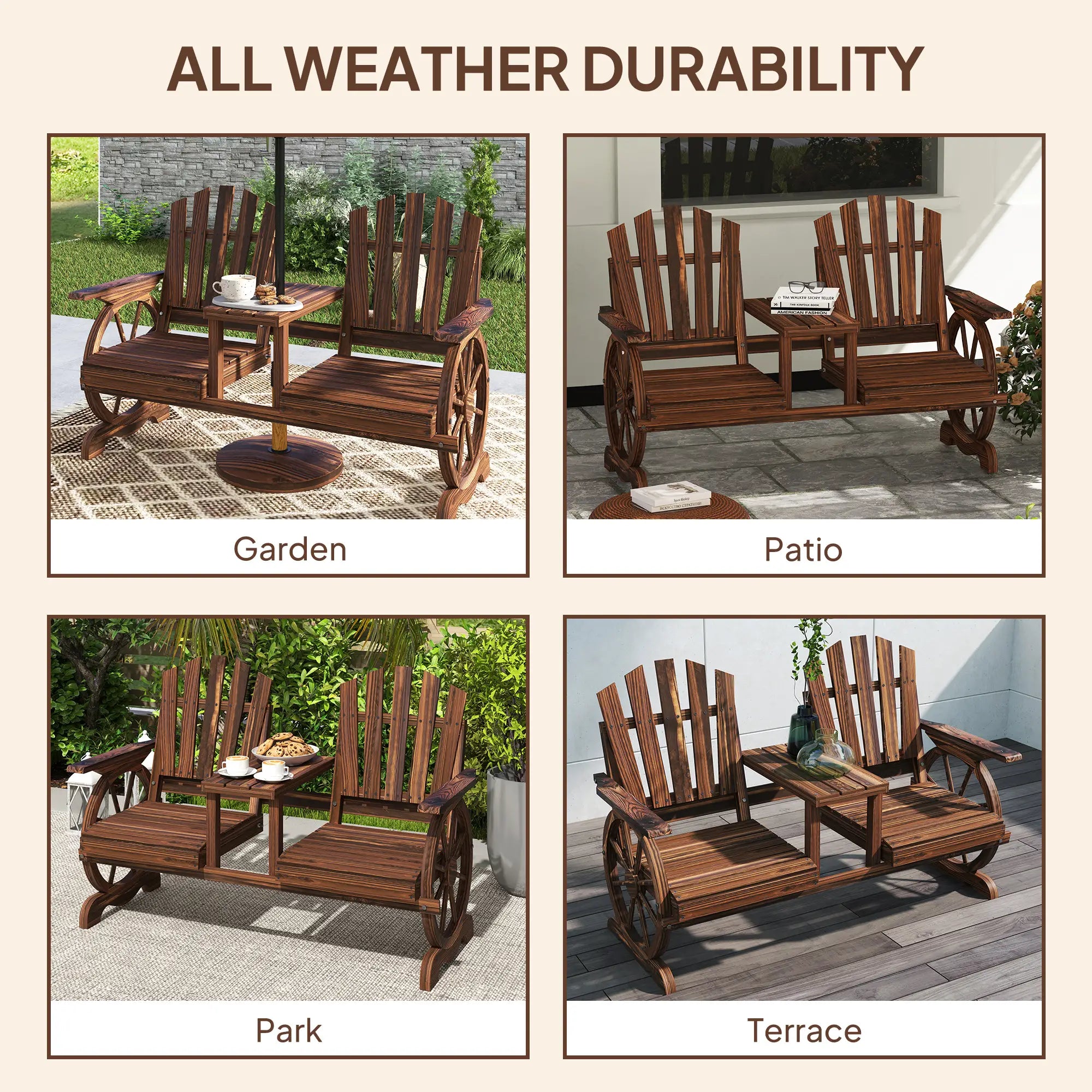 Wooden Outdoor Loveseat, Wagon Wheel Bench With Table, Carbonized Outdoor Benches at Gallery Canada