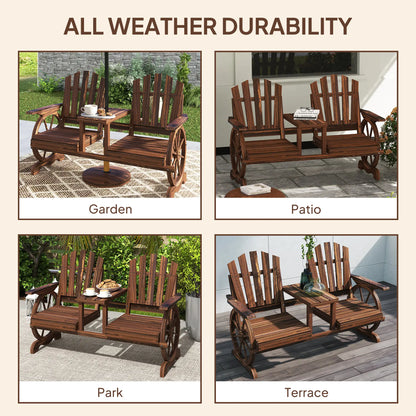 Wooden Outdoor Loveseat, Wagon Wheel Bench With Table, Carbonized Outdoor Benches at Gallery Canada