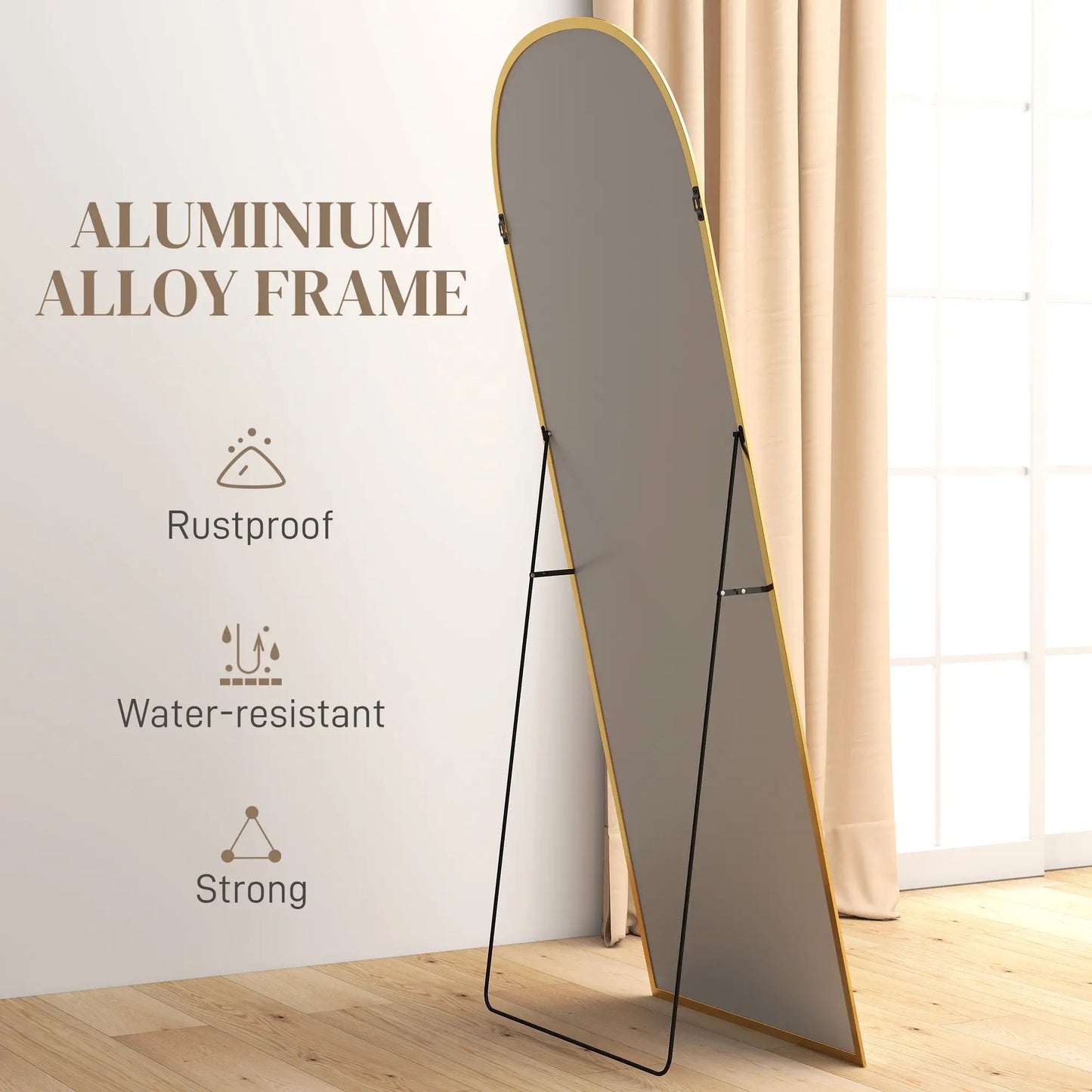 Arched Standing Mirror, 64" x 24", Full Length Mirror, Gold