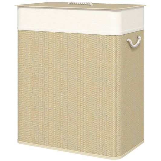 Double Laundry Basket with Lid, 100L Bamboo Hamper, Natural Clothing Storage Natural, Cream White at Gallery Canada