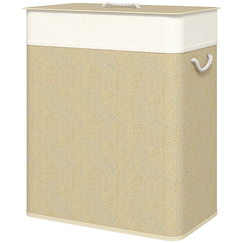 Double Laundry Basket with Lid, 100L Bamboo Hamper, Natural