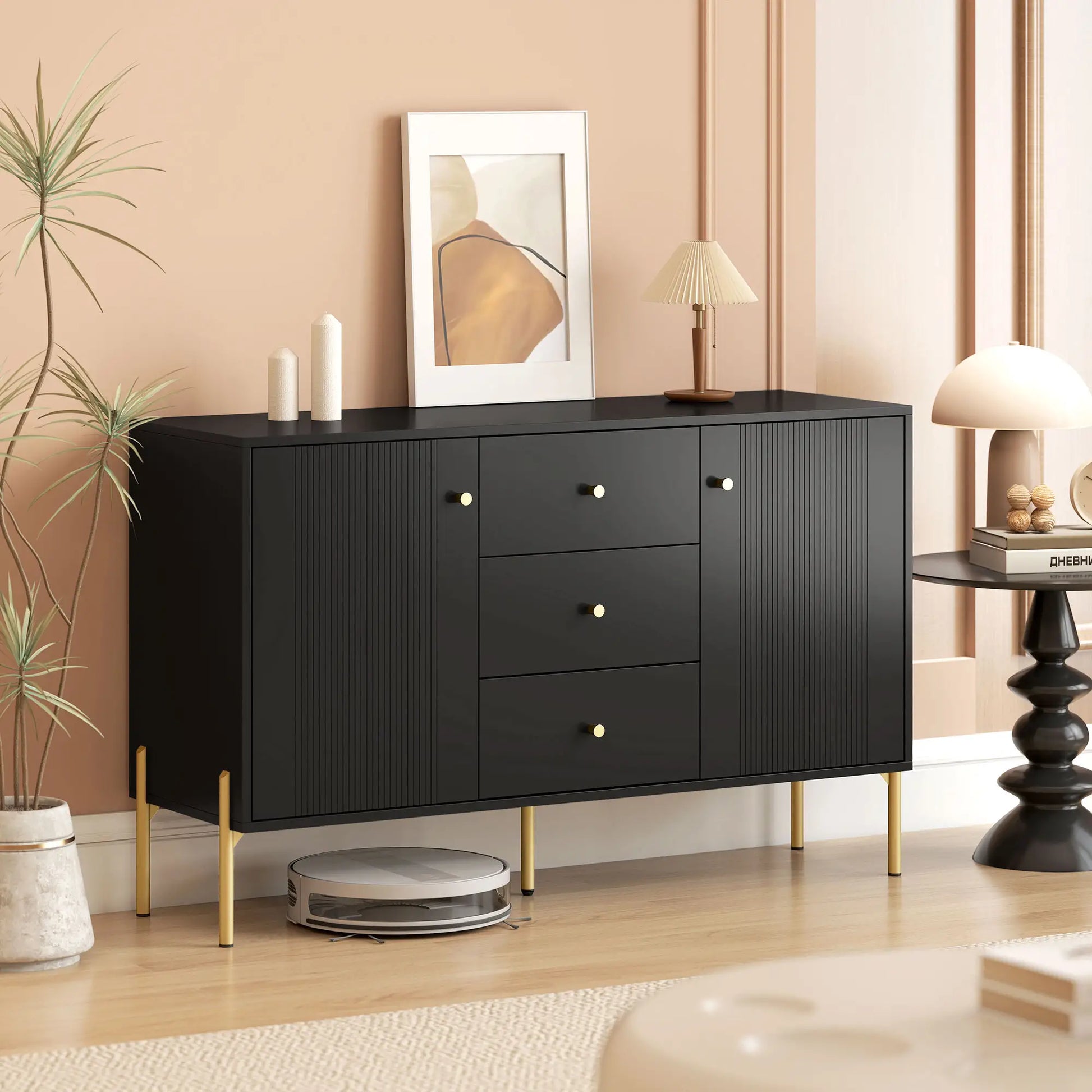 Buffet Cabinet, Modern Sideboard with 3 Drawers and 2 Shelves, Black Storage Cabinets at Gallery Canada