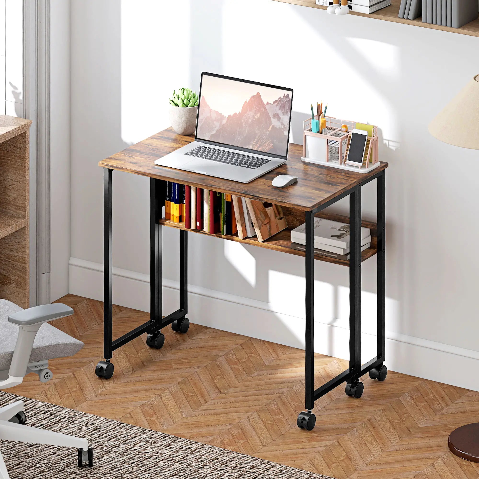 Folding Computer Desk with Storage Bag, Shelf and Wheels, Rustic Brown Writing Desks at Gallery Canada