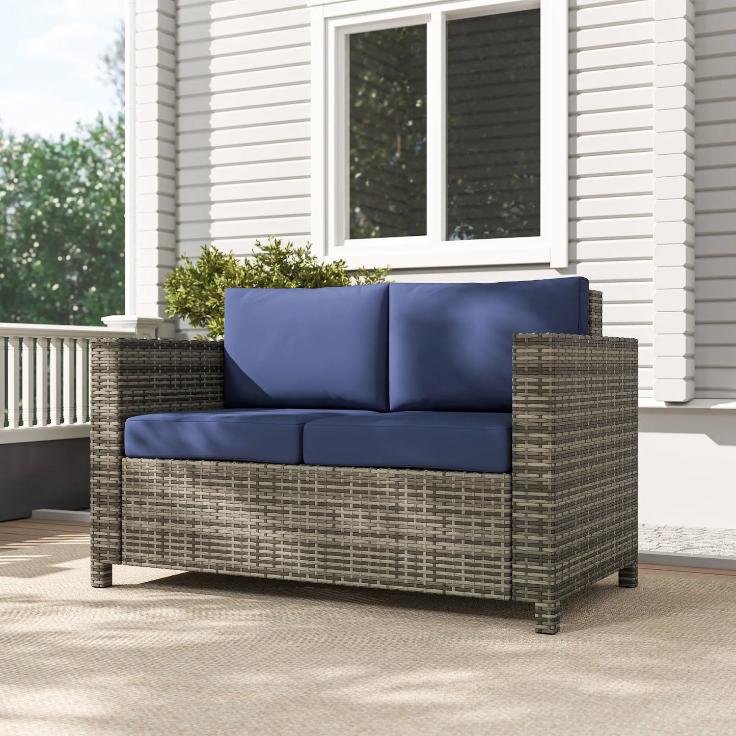 Wicker Outdoor Sofa, All Weather Patio Loveseat With Cushions, Dark Blue Patio Furniture Sets at Gallery Canada
