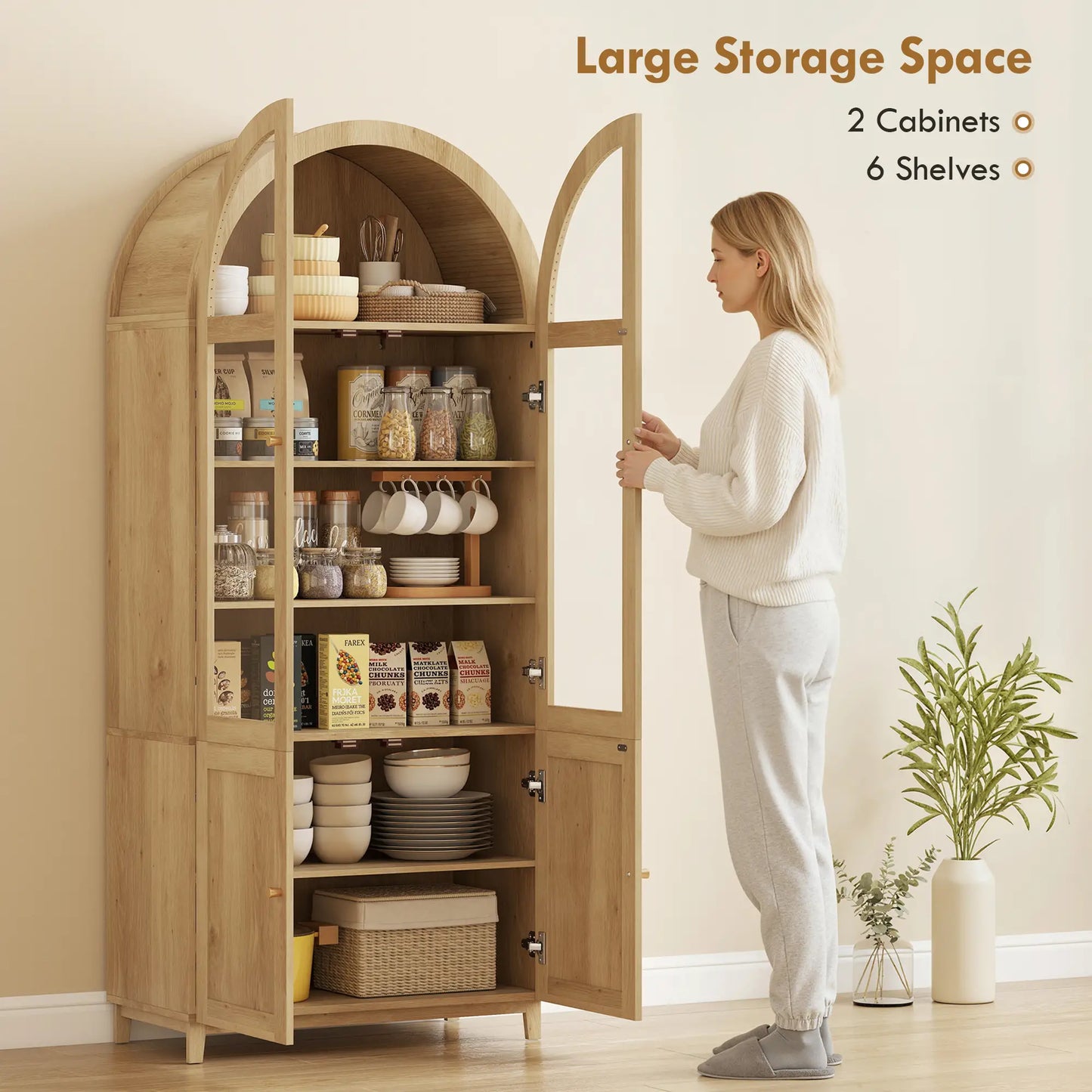 71" Tall Arched Kitchen Pantry Cabinet, Adjustable Shelves, Acrylic Doors, Oak Kitchen Pantry Cabinets at Gallery Canada