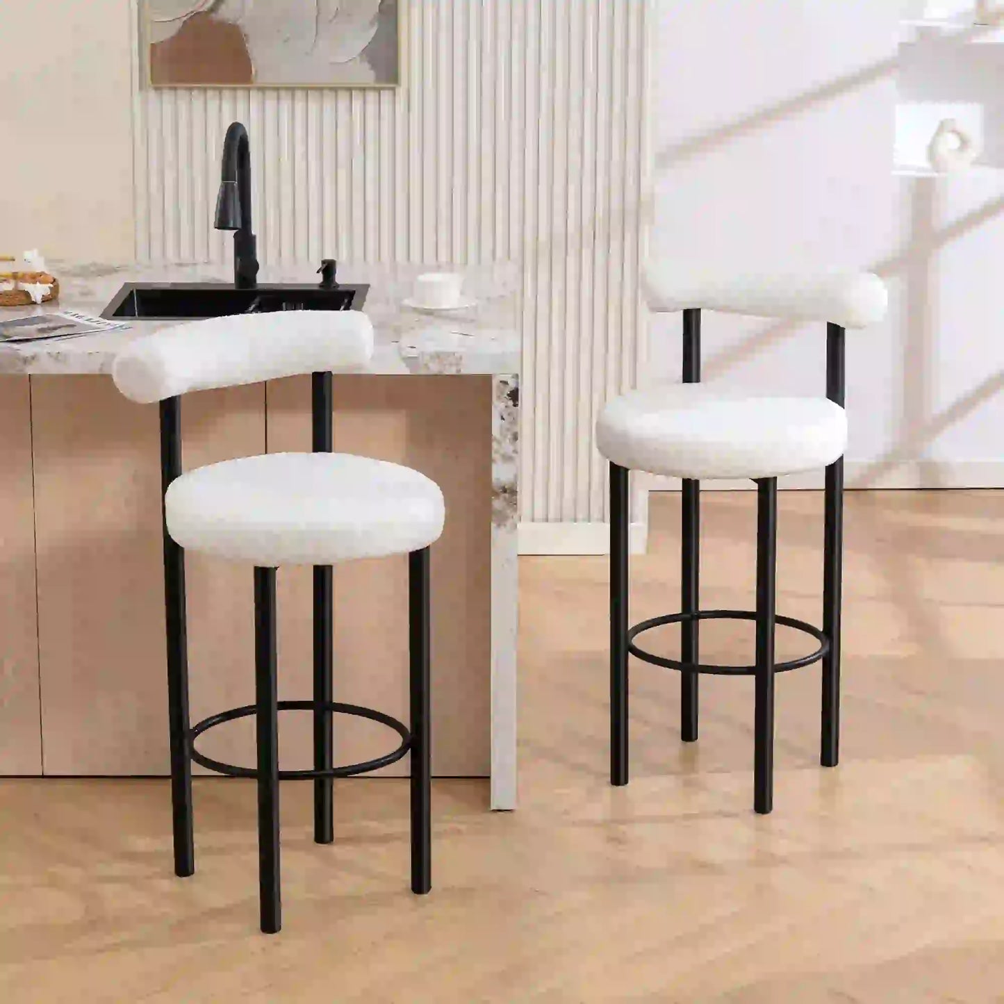 Sherpa Upholstered Bar Stools Set of 2, With Backrest and Footrest Bar Stools at Gallery Canada