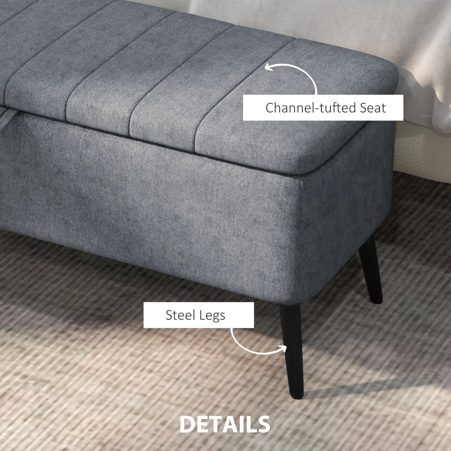 40" Ottoman with Storage, Linen Upholstered Bench, Dark Grey Storage Ottomans & Benches at Gallery Canada