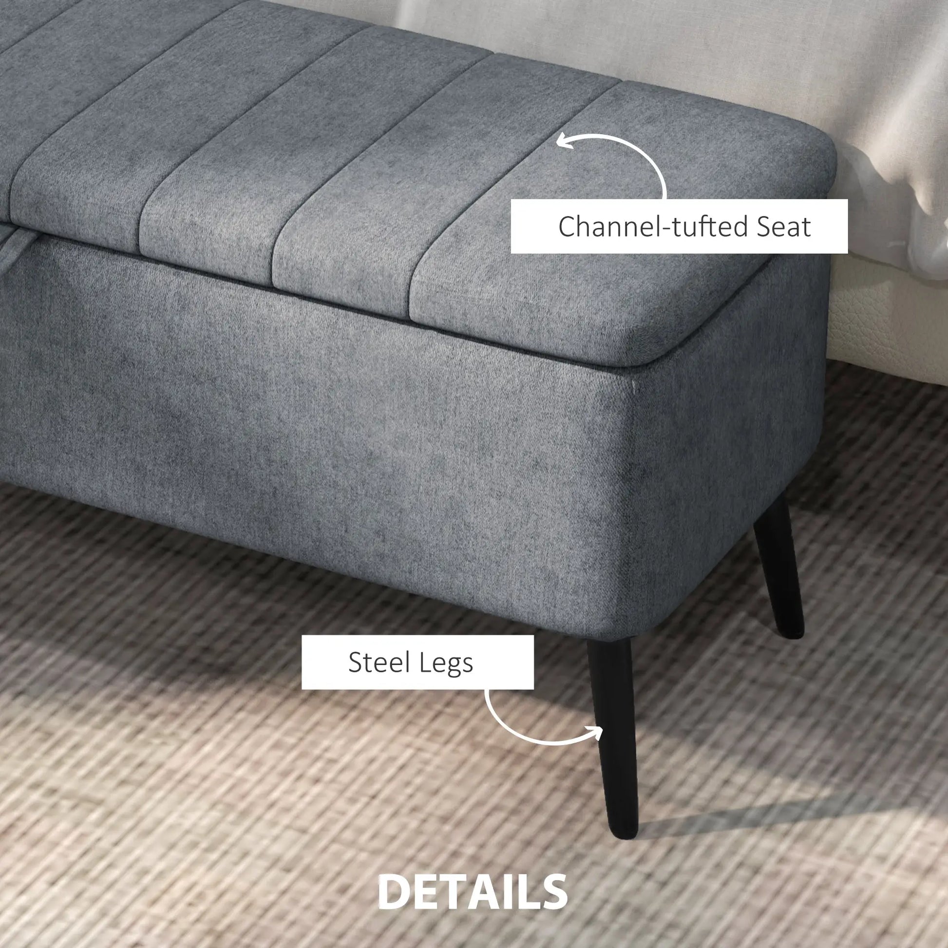 40" Ottoman with Storage, Linen Upholstered Bench, Dark Grey Storage Ottomans & Benches at Gallery Canada