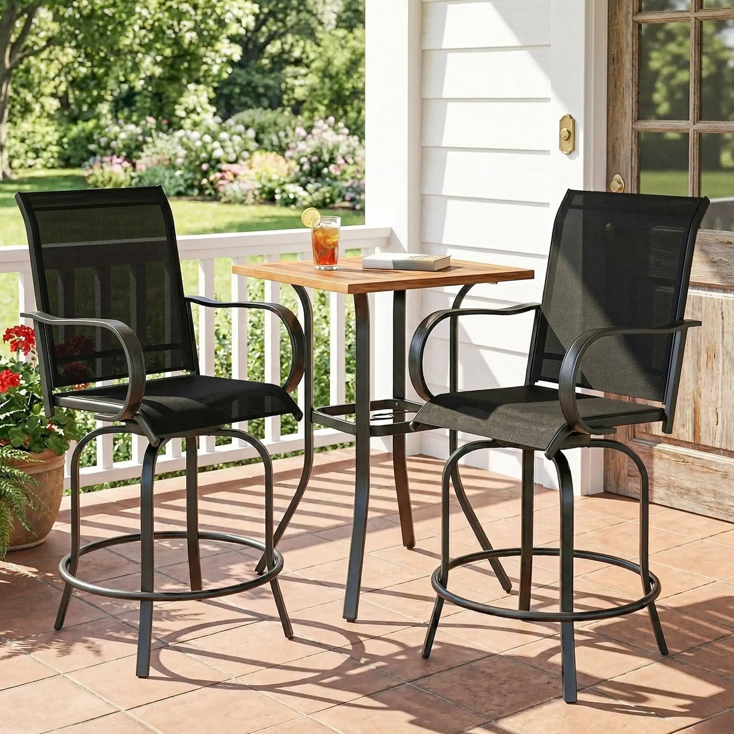 Outdoor Bar Stools Set Of 2, 27.6" x 28.7" x 48.4", Swivel Chairs, Black Bistro Sets at Gallery Canada