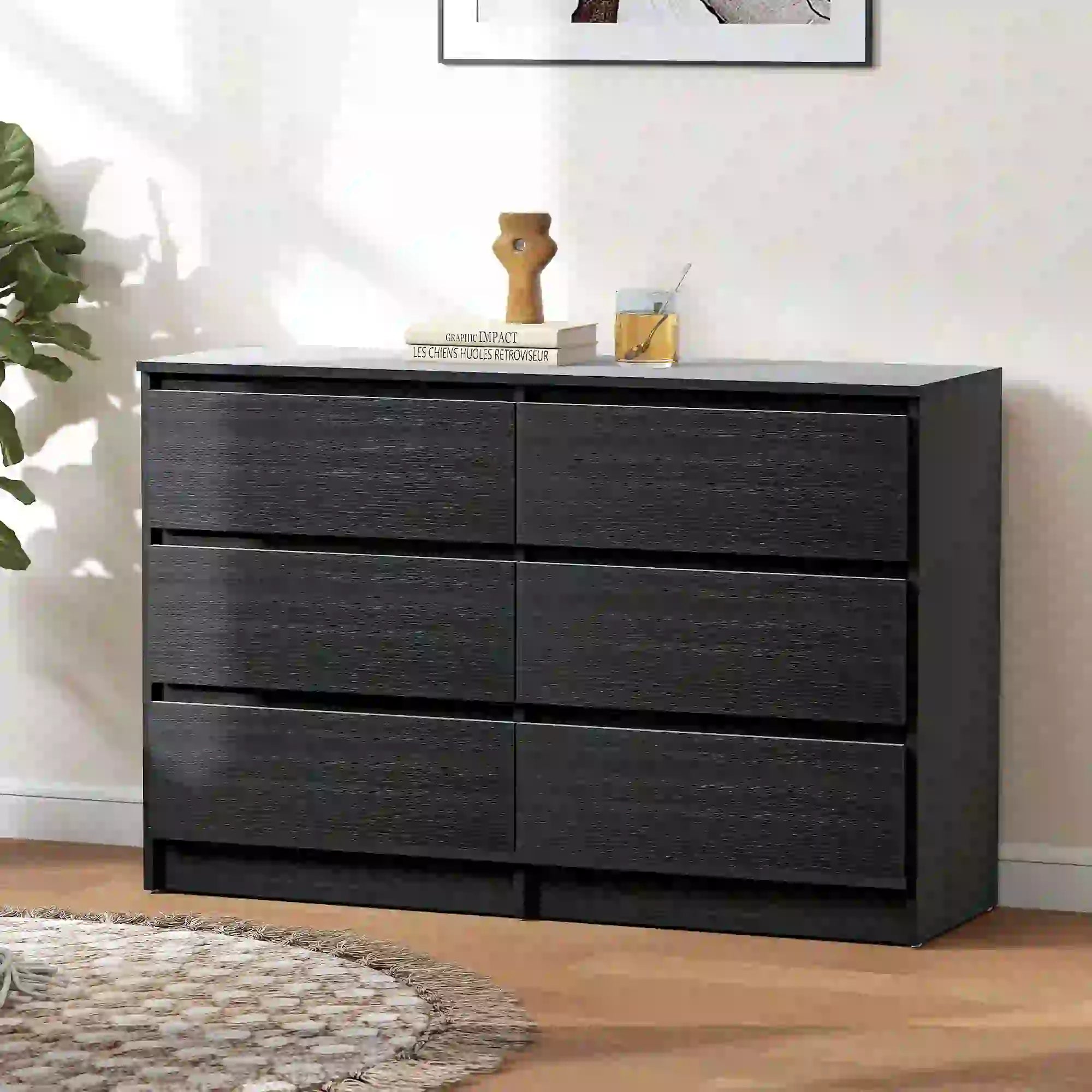 Wide 6 Drawer Dresser, Modern Clothes Storage Organizer, Black Storage Cabinets at Gallery Canada