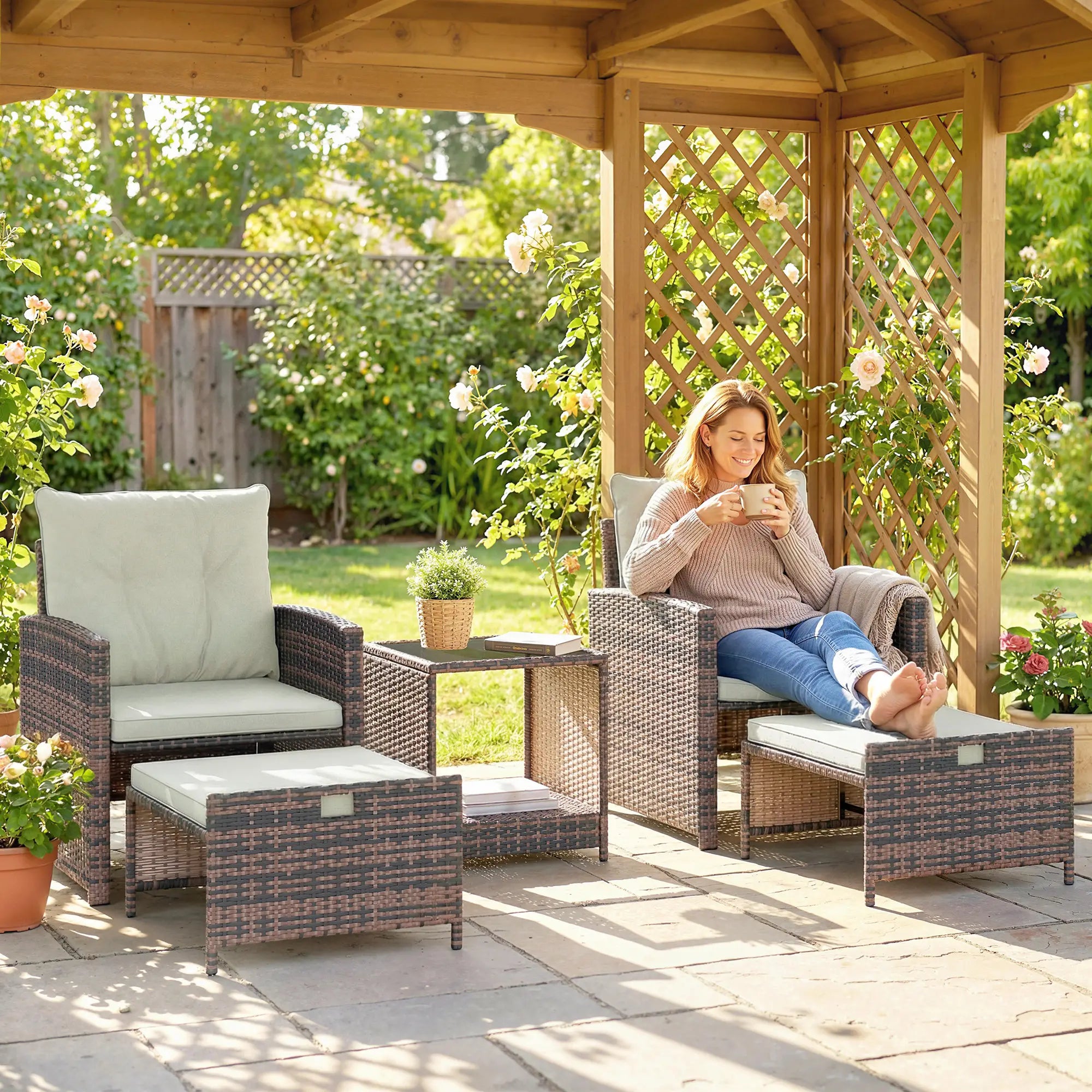 5 Piece Patio Set, Wicker Chairs With Ottomans, Glass Coffee Table, Brown Cream Patio Furniture Sets at Gallery Canada