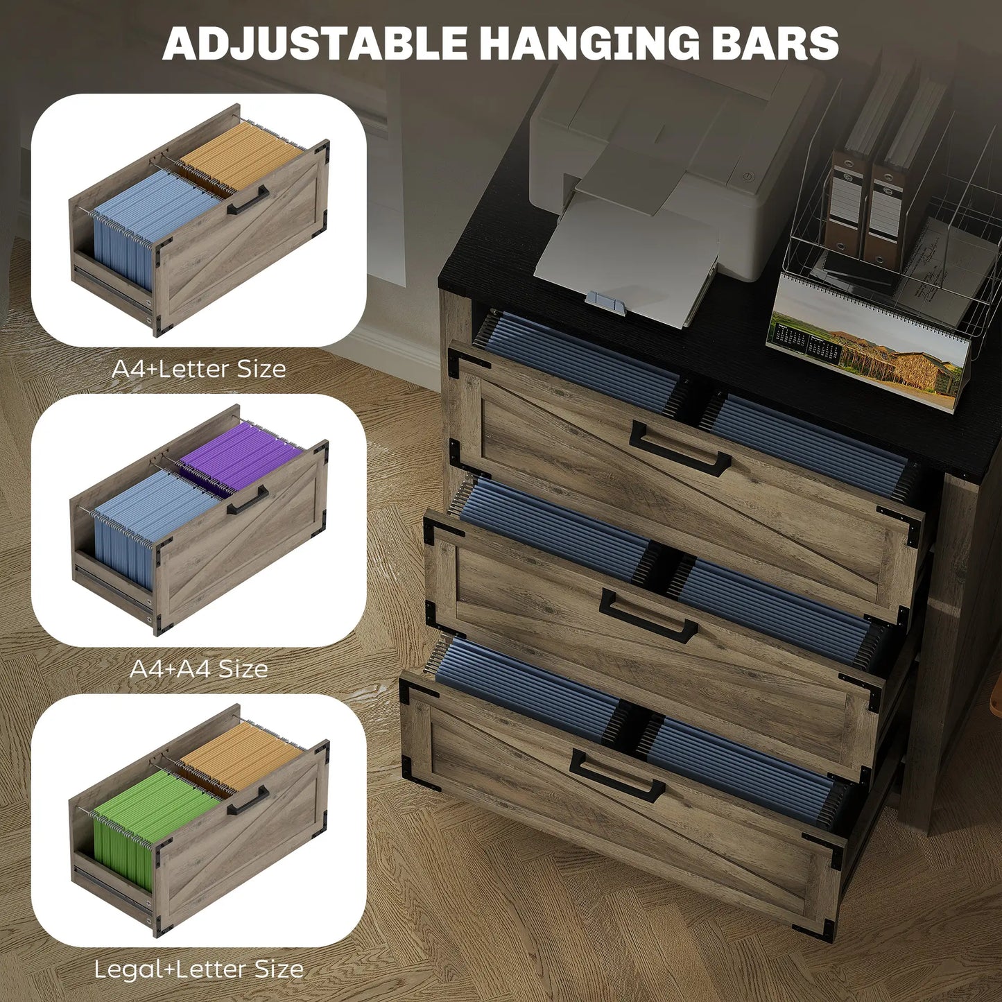 3 Drawer Filing Cabinet, Farmhouse Office Storage, Adjustable Hanging Bars, Grey Office Cabinets & Cupboards at Gallery Canada