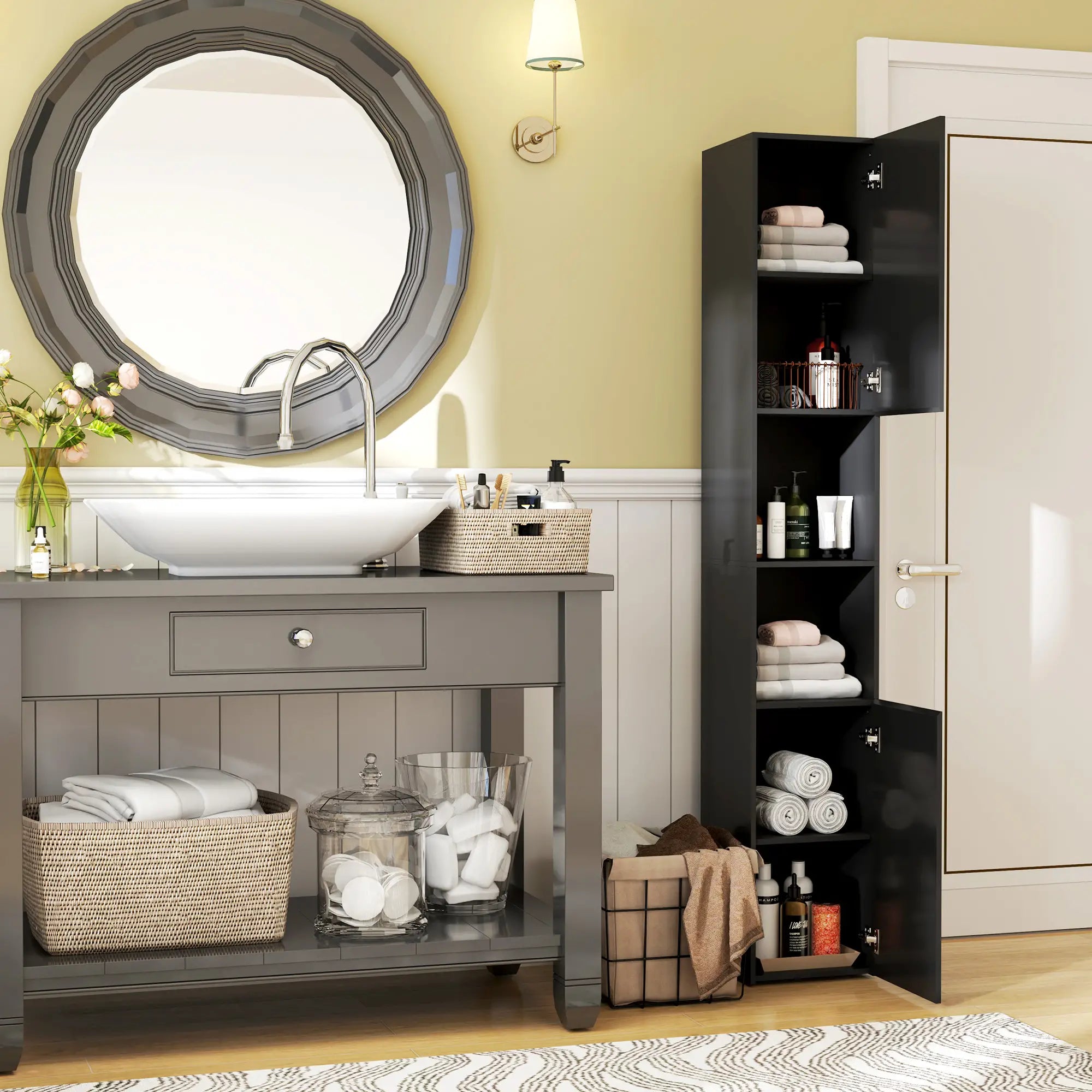 Tall Bathroom Cabinet, High Gloss Storage, Adjustable Shelves, 11.8