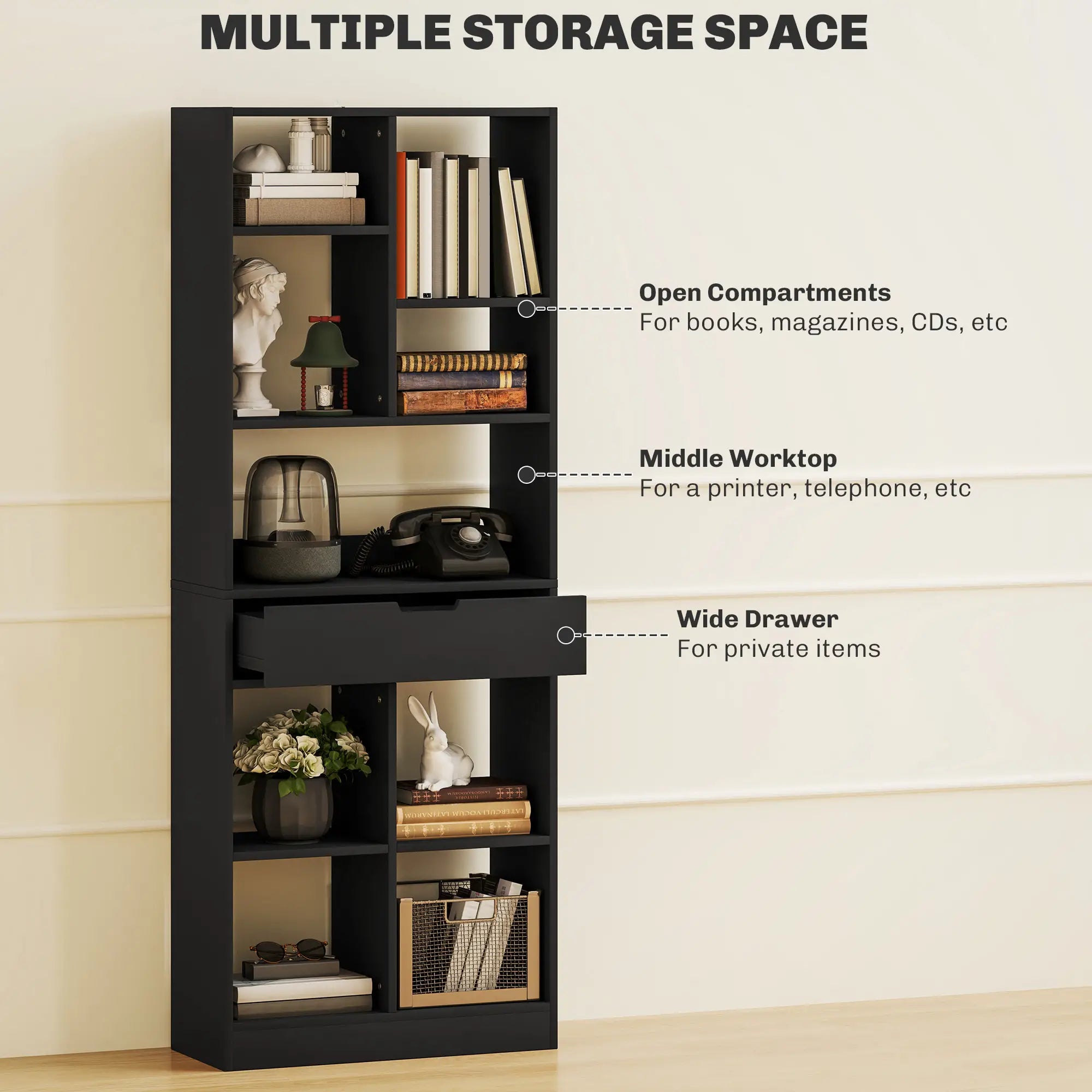 Tall Bookshelf with Drawer, Freestanding Bookcase, Black Display Bookshelves at Gallery Canada