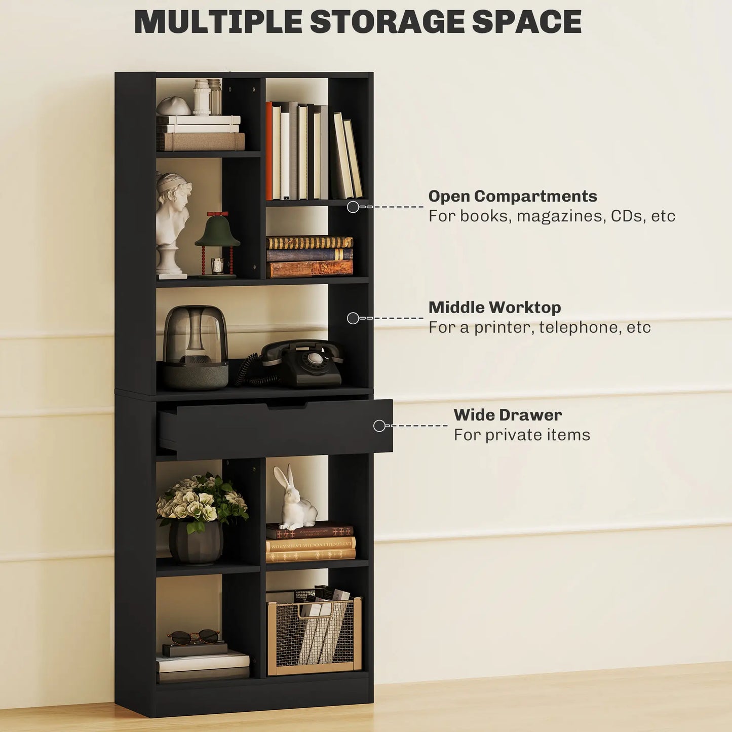 Tall Bookshelf with Drawer, Freestanding Bookcase, Black Display Bookshelves at Gallery Canada