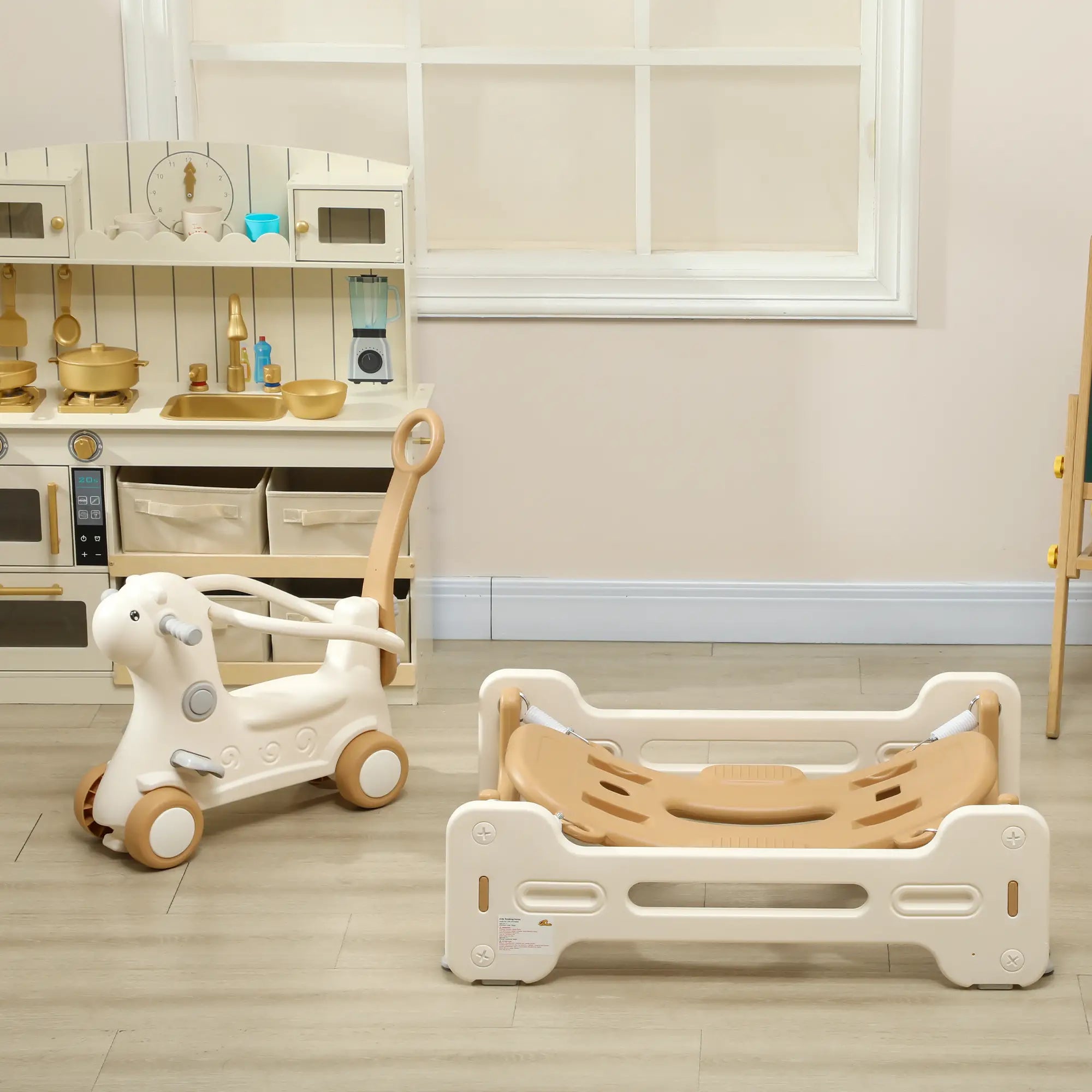Rocking Horse for Toddlers, Balance Board, Push Handle, 4 Wheels, Brown Rocking Horses at Gallery Canada