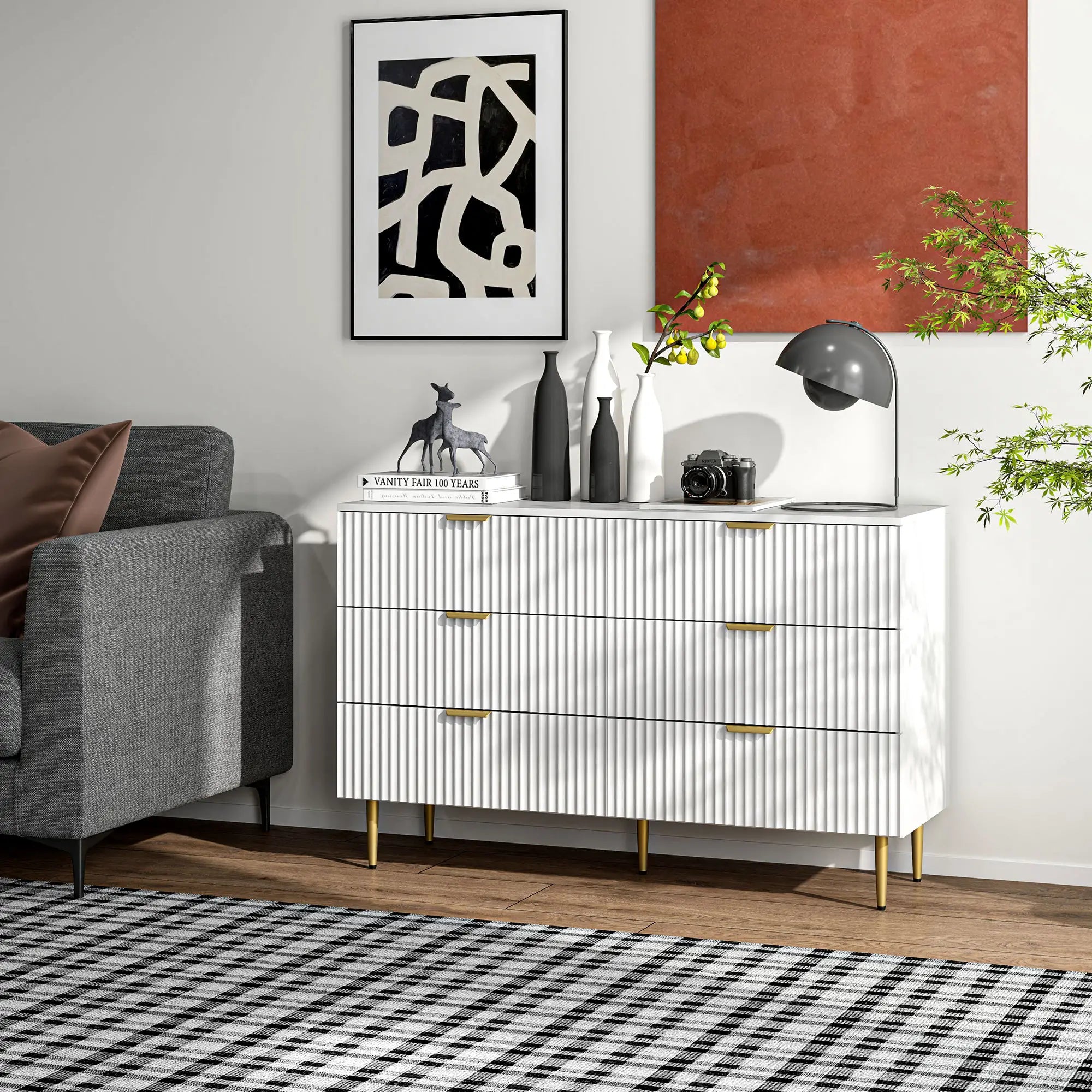 Modern 6 Drawer Dresser, Gold Legs and Handles, White Storage Cabinets at Gallery Canada
