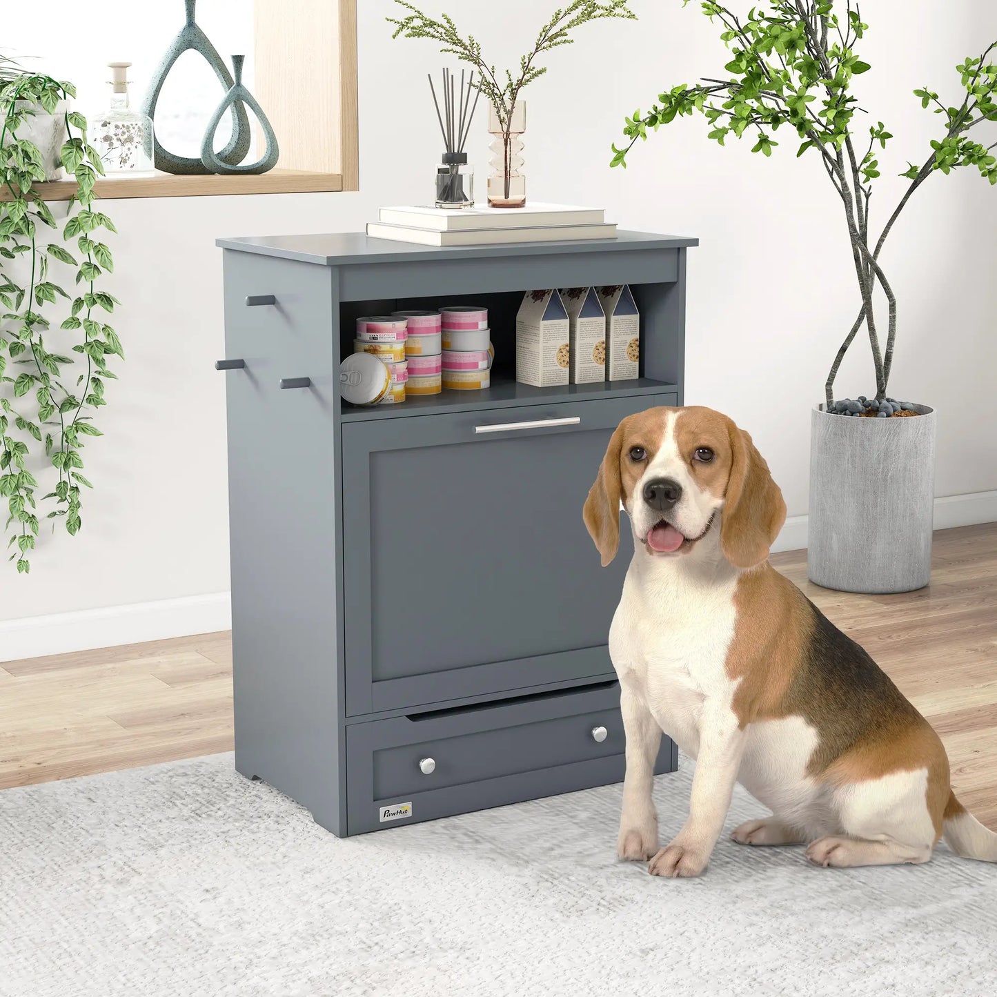 Pet Feeder Storage Cabinet, Dog Food Container with Bowls, Grey Dog Bowls at Gallery Canada