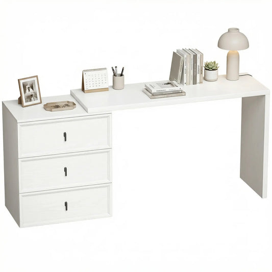 L Shaped Computer Desk, 3 Drawers, White Wood Grain, White Computer Desks White Wood Grain at Gallery Canada