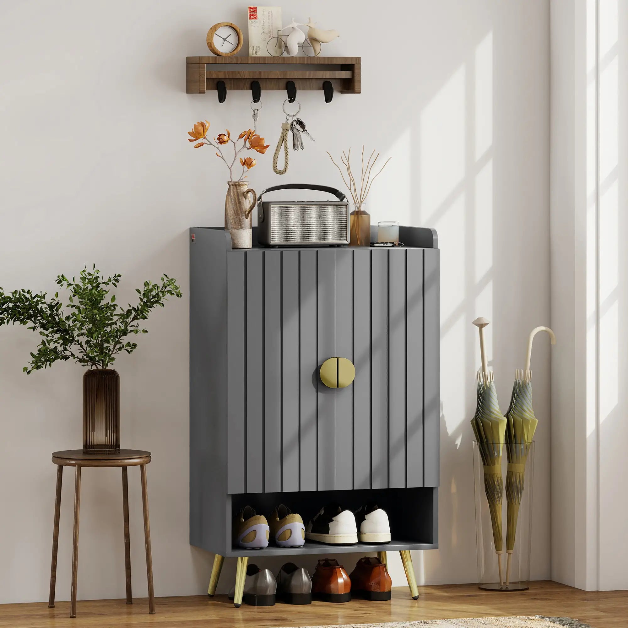 Narrow Shoe Storage Cabinet, Adjustable Shelves, Open Shelf, 15 Pairs, Grey Shoe Storage Cabinets & Racks at Gallery Canada