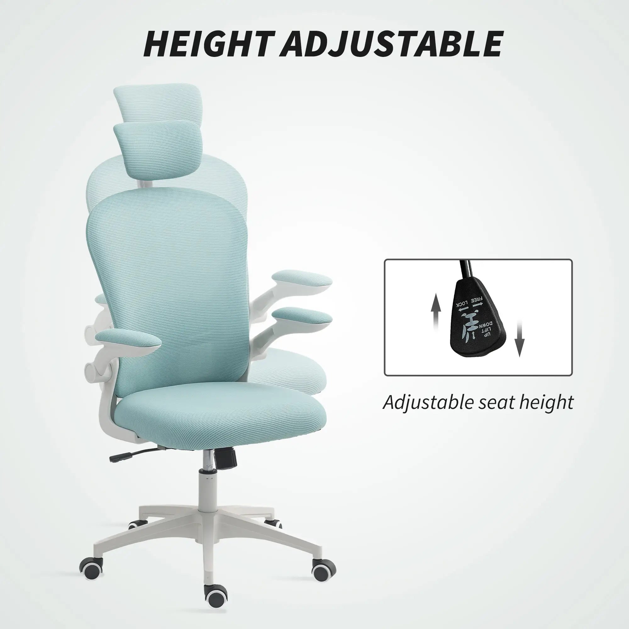 Mesh Office Chair, Adjustable Headrest, 4D Lumbar Support, Flip-Up Arm, Light Green Task Chairs at Gallery Canada