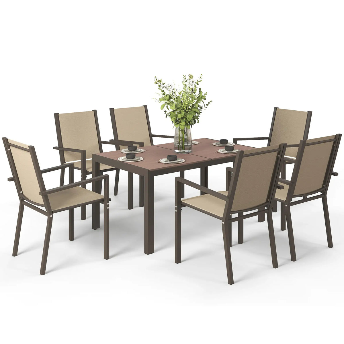 7-Piece Outdoor Dining Set With Rectangular Table & 6 Stackable Chairs Outdoor Dining Sets Khaki, Brown at Gallery Canada