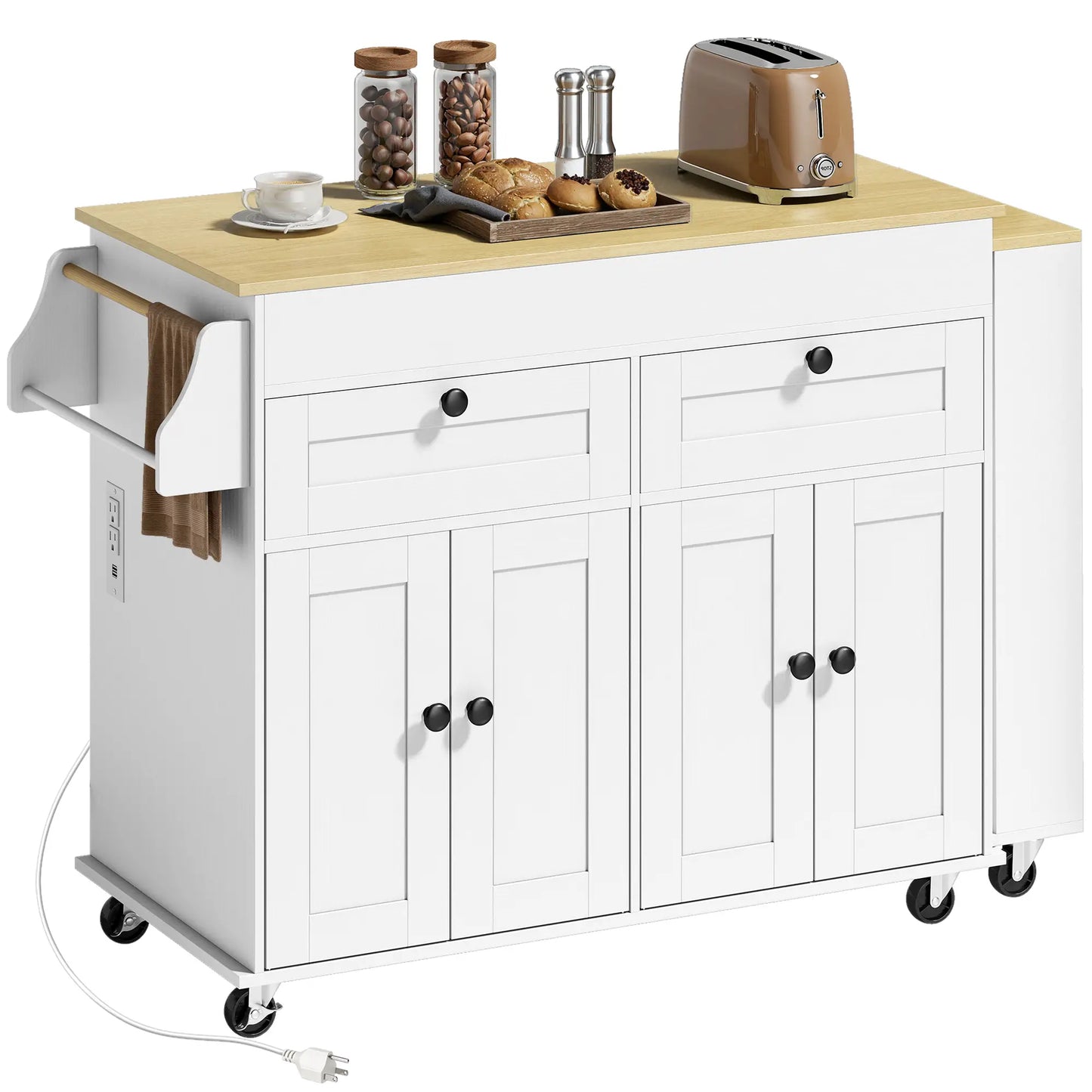 Kitchen Island With Sliding Expandable Top, Rolling Cart, White Kitchen Islands & Kitchen Carts at Gallery Canada