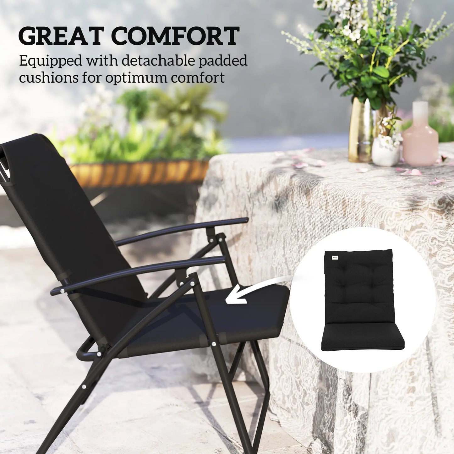 Outdoor Folding Chairs, Adjustable Backrest, Padded, Set of 2, Black Patio Chairs at Gallery Canada
