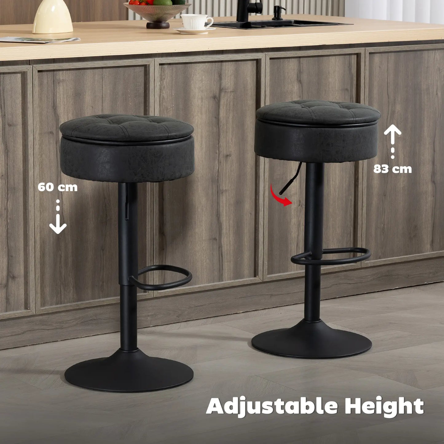 Set of 2 Barstools with Storage, Swivel, PU Leather, Footrest, Steel Base, Black Bar Stools at Gallery Canada