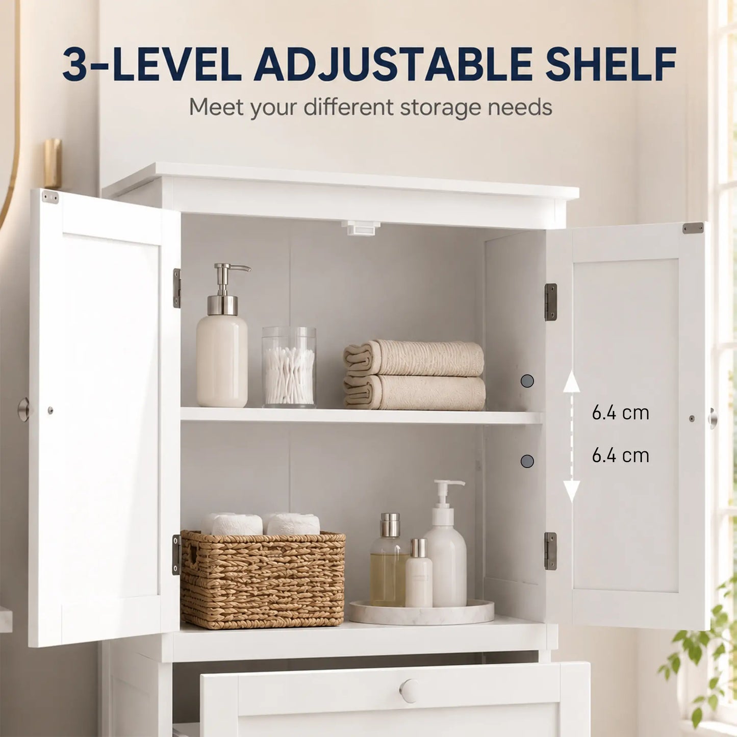 Narrow Bathroom Cabinet, 2 Drawers, Adjustable Shelf, White
