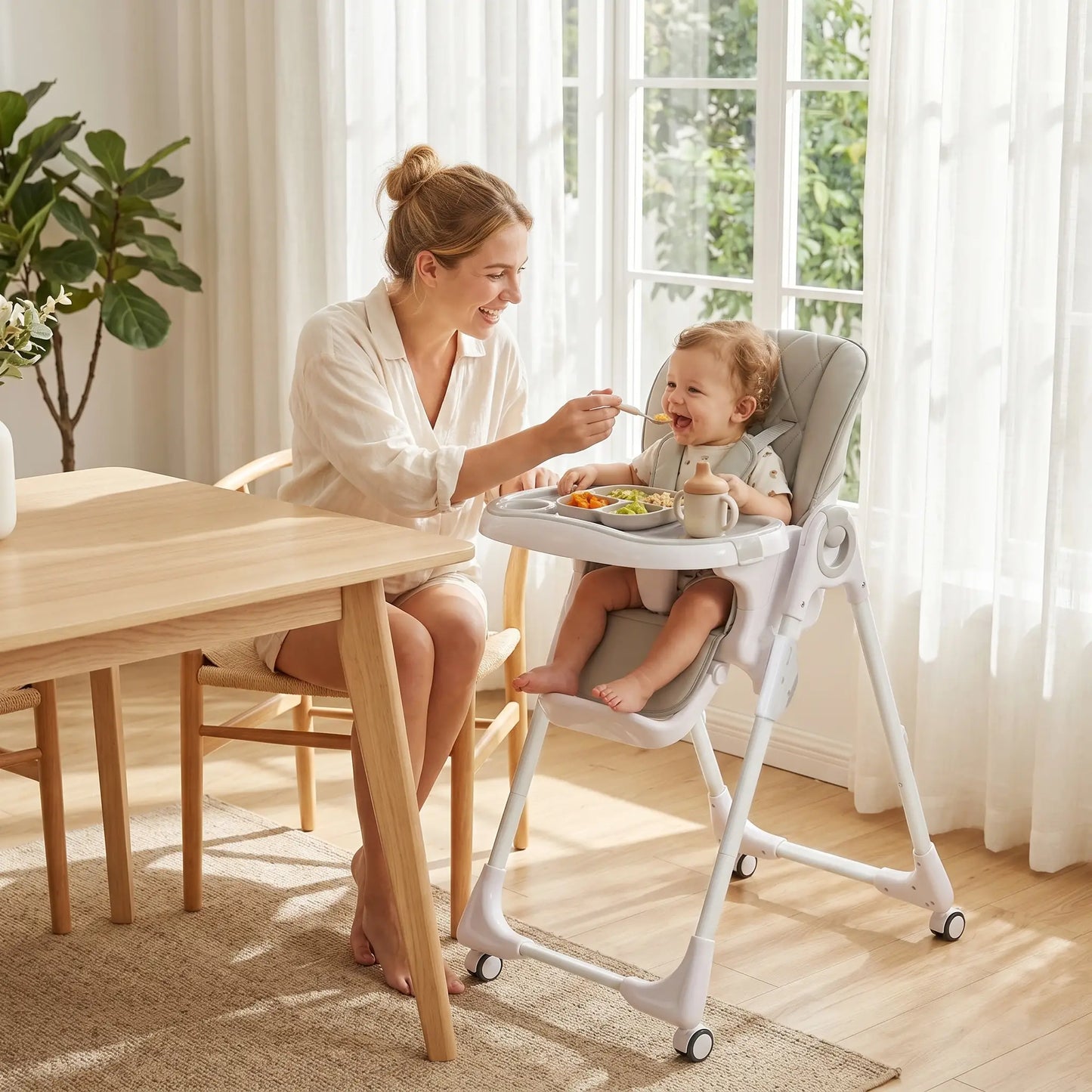High Chair with Wheels, Double Tray, Foldable Baby Seat with Adjustable Seat Height, Backrest, Footrest and Tray, Grey