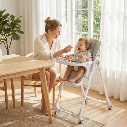 High Chair with Wheels, Double Tray, Foldable Baby Seat with Adjustable Seat Height, Backrest, Footrest and Tray, Grey