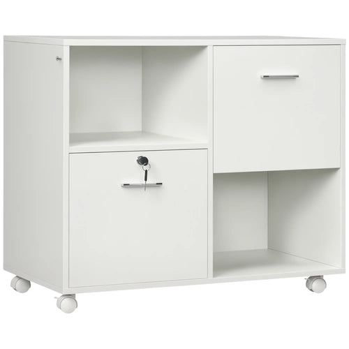 Lateral Filing Cabinet with Drawers, Lock, Wheels, Letter and A4 Size, White