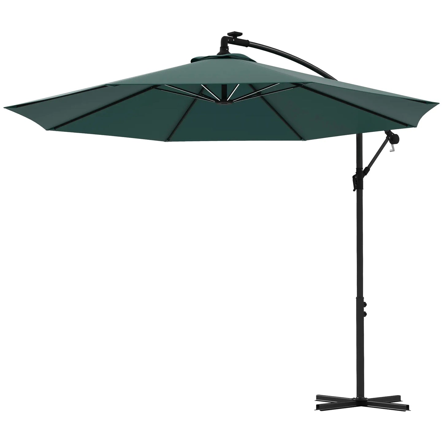 10ft Outdoor Cantilever Umbrella, Solar LED Lights, Crank, Green Cantilever Umbrellas Green Fabric, Dark Grey Frame at Gallery Canada
