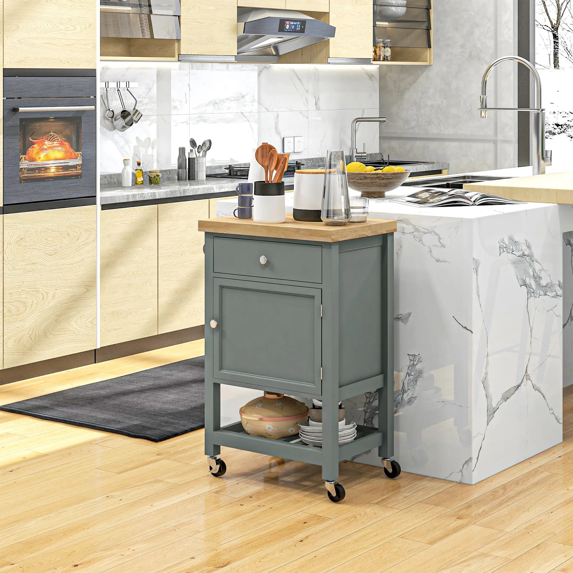Kitchen Cart on Wheels, Wood Top, Towel Rack, Drawer, Shelf, Grey Kitchen Islands & Kitchen Carts at Gallery Canada