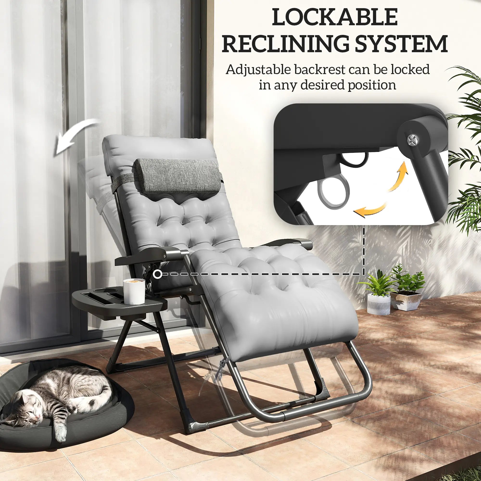 Padded Folding Recliner Chair, Adjustable Backrest, Grey Lounger Chairs at Gallery Canada