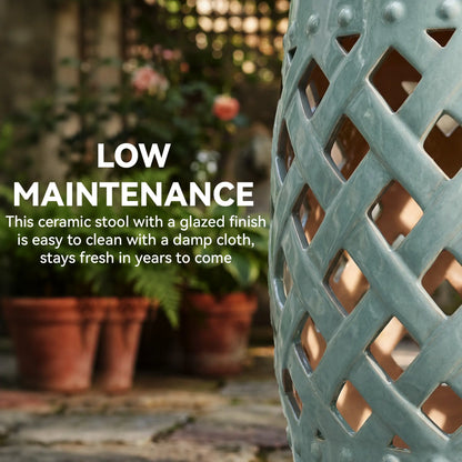 18" Ceramic Garden Stool, Woven Lattice Design, Indoor Outdoor, Blue Patio Chairs at Gallery Canada