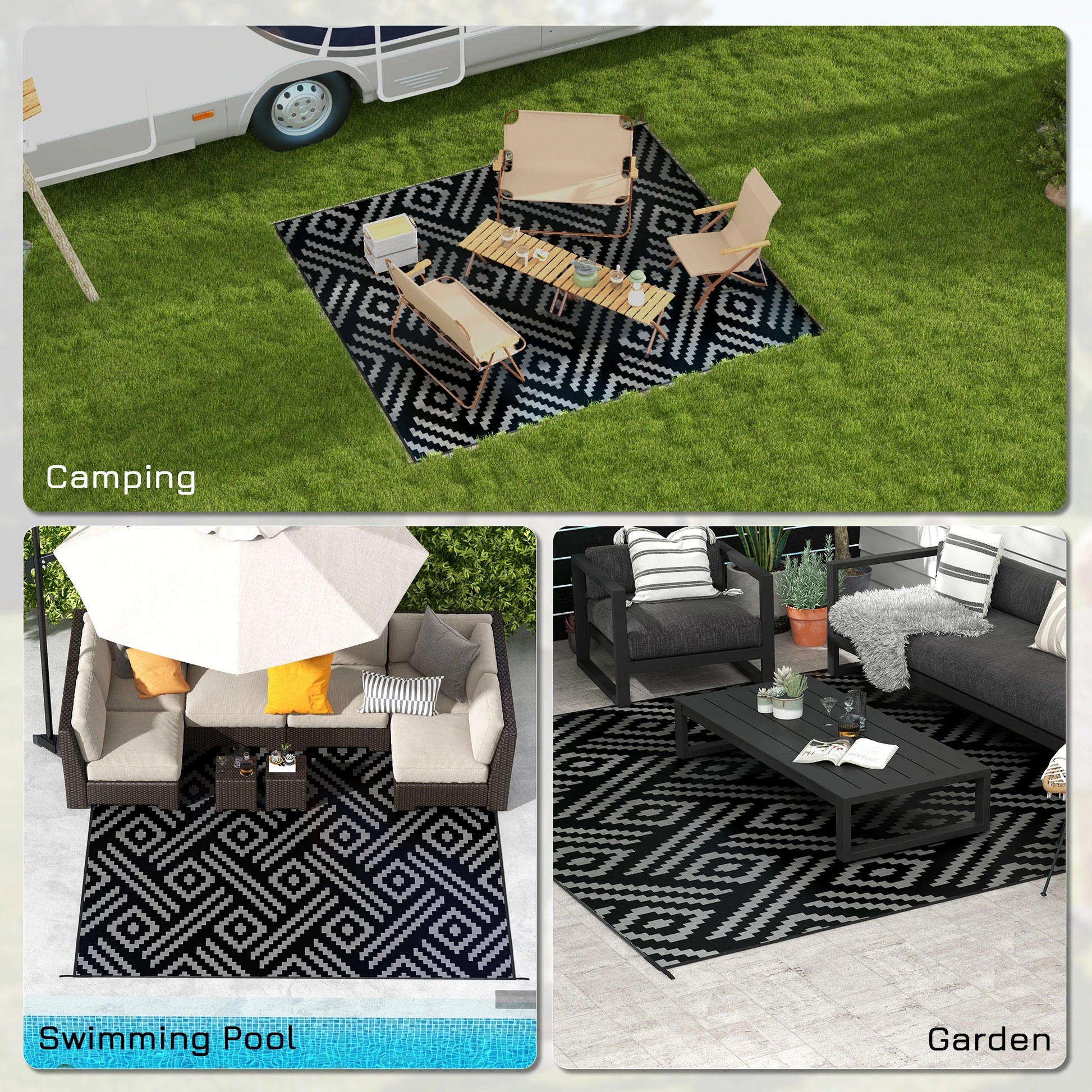 Reversible Outdoor Rug, Waterproof Plastic Straw, 8' x 10', Geometric, Black Grey Outdoor Reversible Rugs at Gallery Canada
