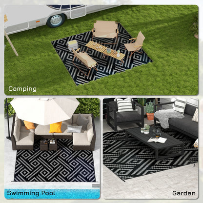 Reversible Outdoor Rug, Waterproof Plastic Straw, 8' x 10', Geometric, Black Grey Outdoor Reversible Rugs at Gallery Canada