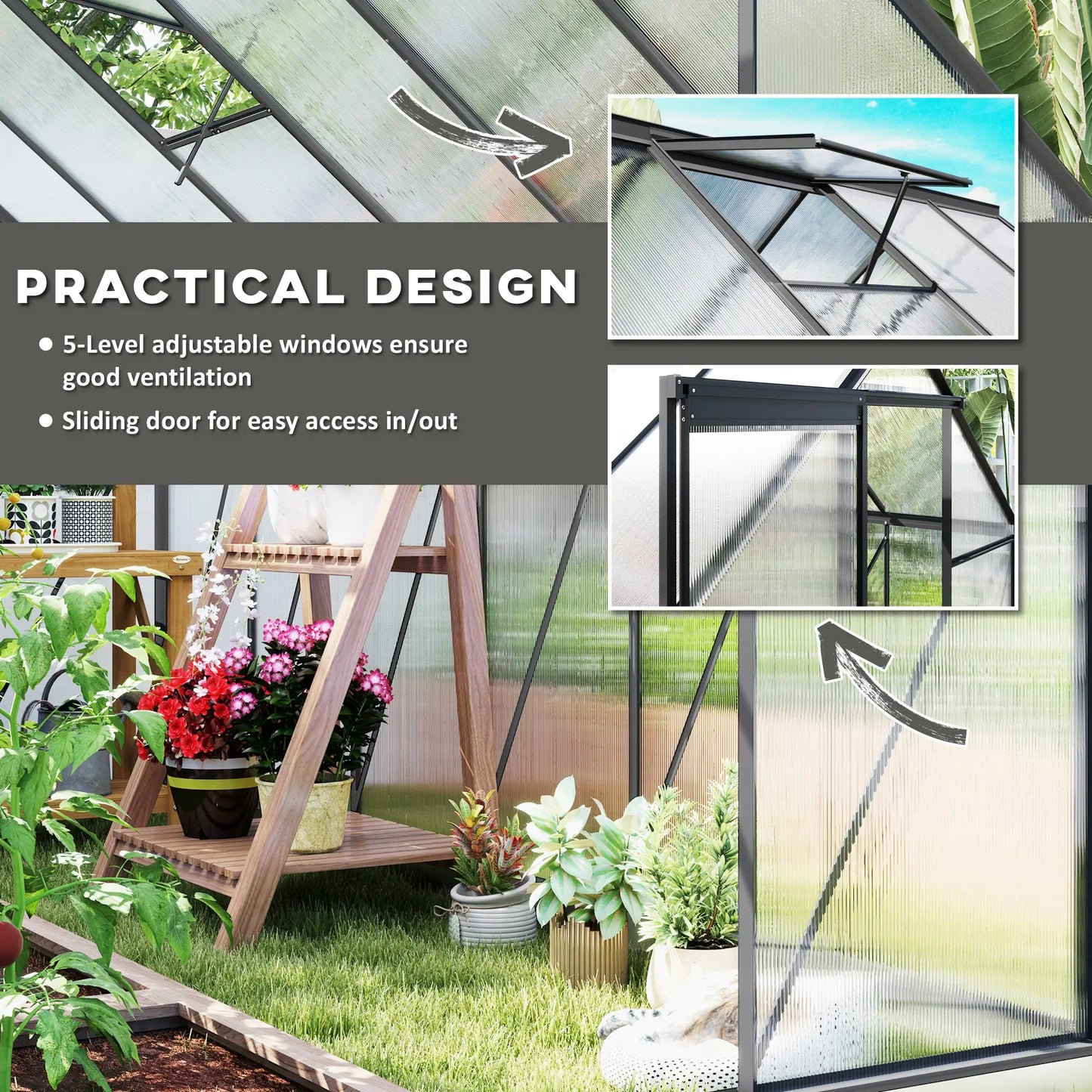 6' x 12' x 6.5' Polycarbonate Greenhouse, Walk-in, Adjustable Roof Vent, Sliding Door, Charcoal Grey Walk In Greenhouses at Gallery Canada