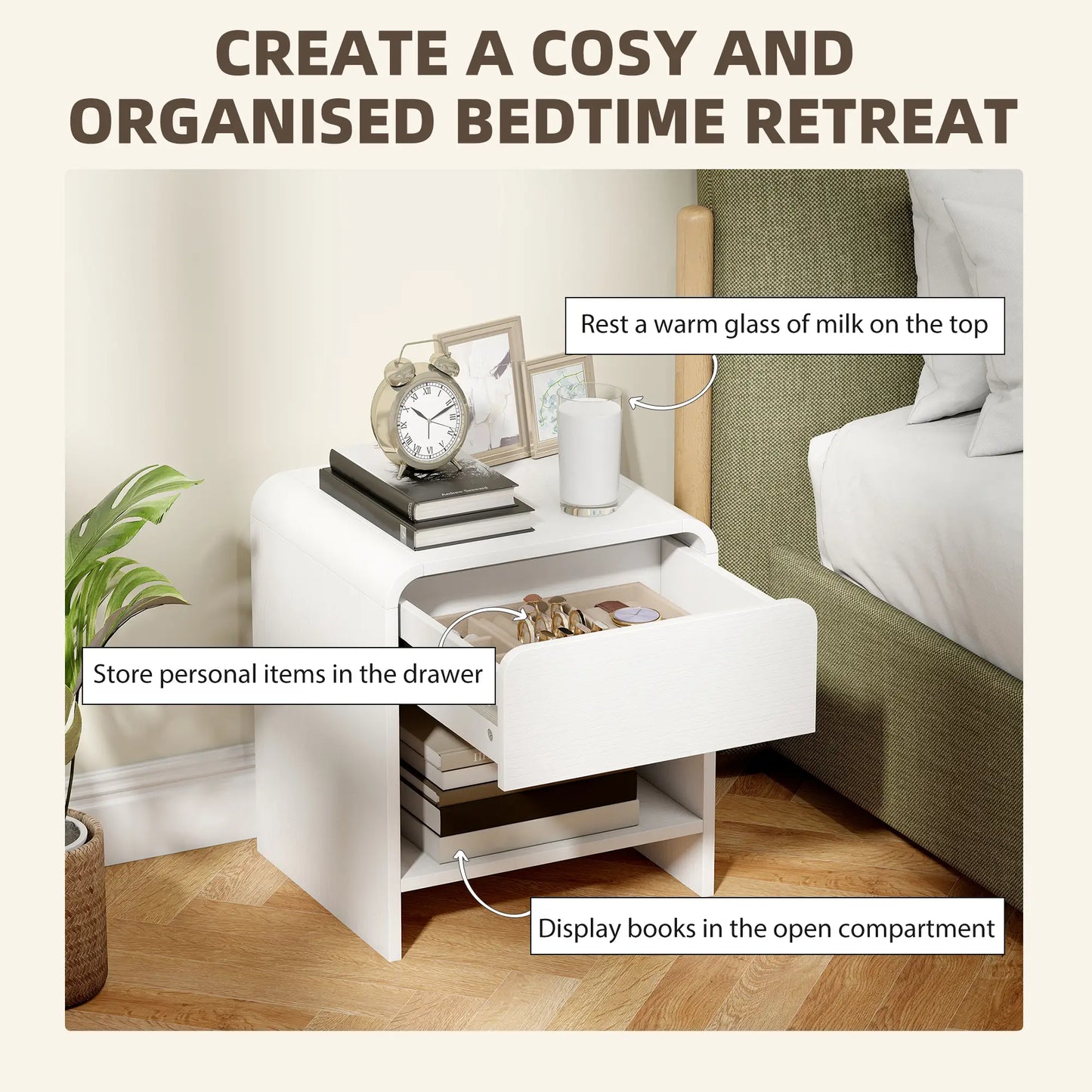 Modern Nightstand Set of 2, Distressed White, With Drawer and Shelf, White