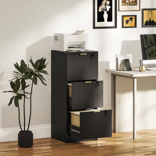 Lockable Filing Cabinet, 3 Fluted Drawers, Adjustable Hanging Rails, Black Office Cabinets & Cupboards Black at Gallery Canada