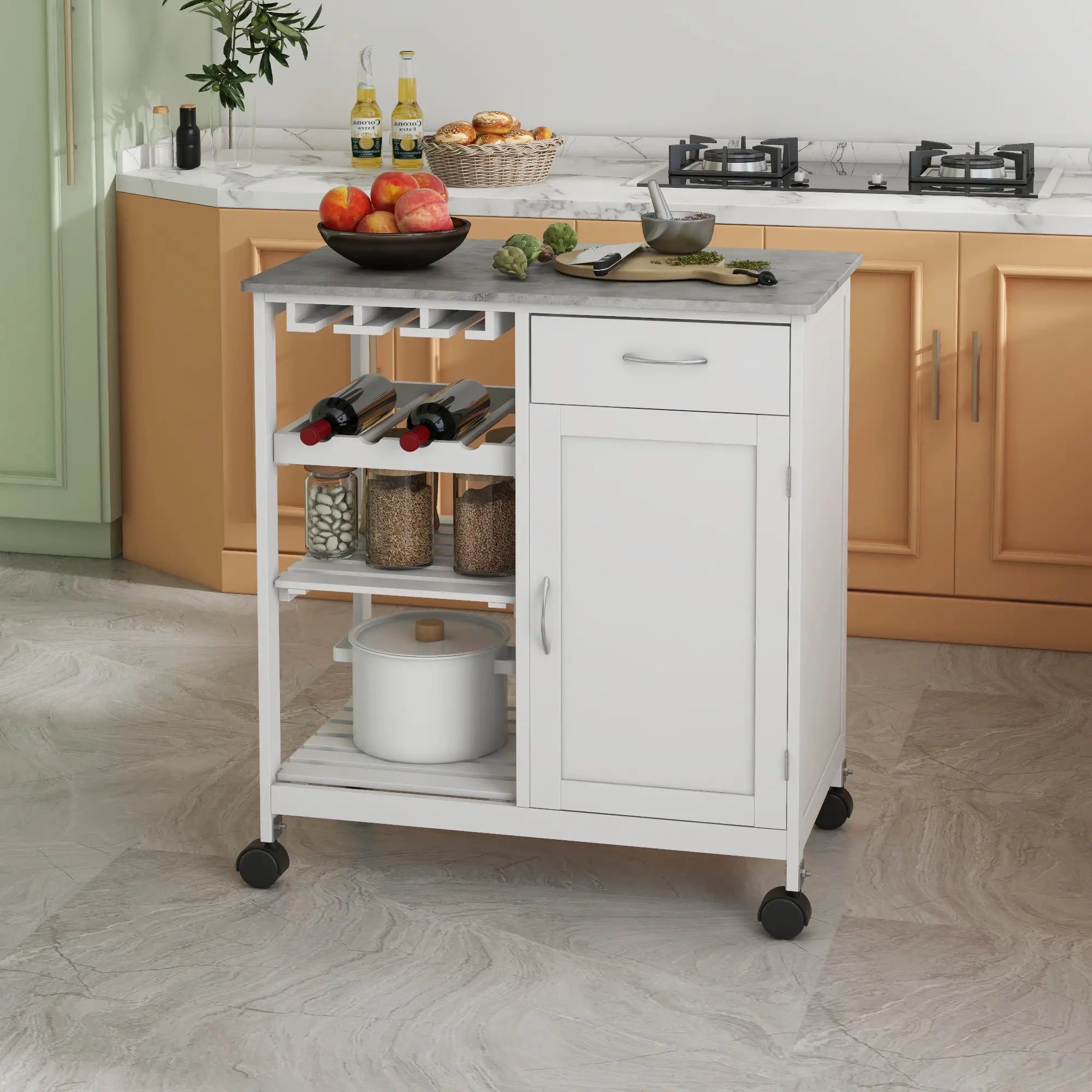Rolling Kitchen Cart, Bar Cart with Wine Rack, Drawer, Shelves, White Kitchen Islands & Kitchen Carts at Gallery Canada