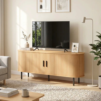TV Stand for TVs up to 60", Modern Entertainment Center with Curved Sliding Doors, Natural Wood